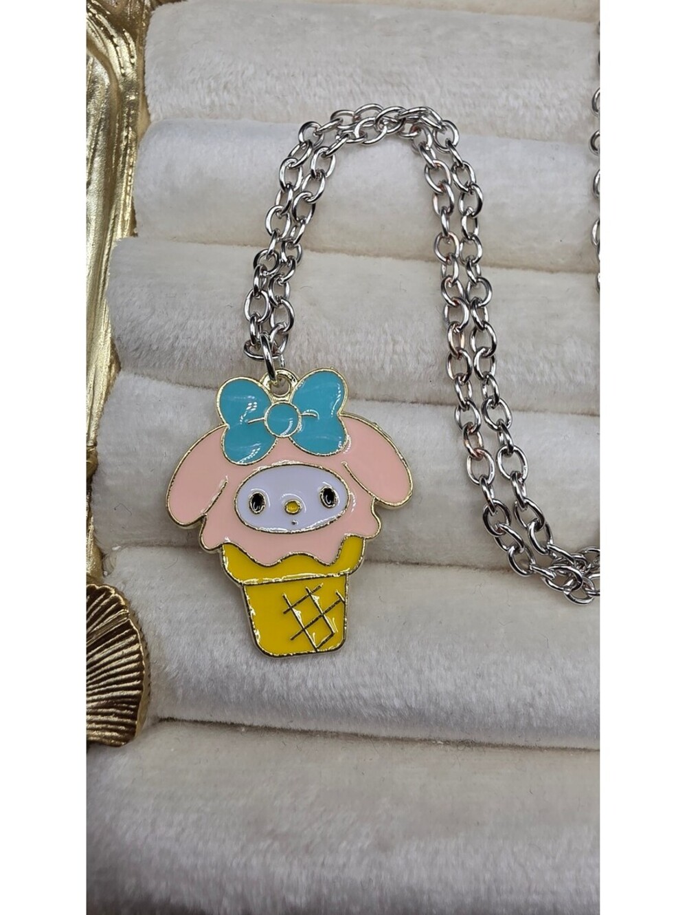 Cute Ice Cream Cone Hello Kitty My Melody Pendant Necklace with Blue Bow